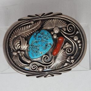Navajo Sterling Turquoise and Coral Belt Buckle